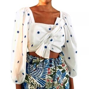 Farm Rio cropped blue embroidered flower balloon sleeve blouse